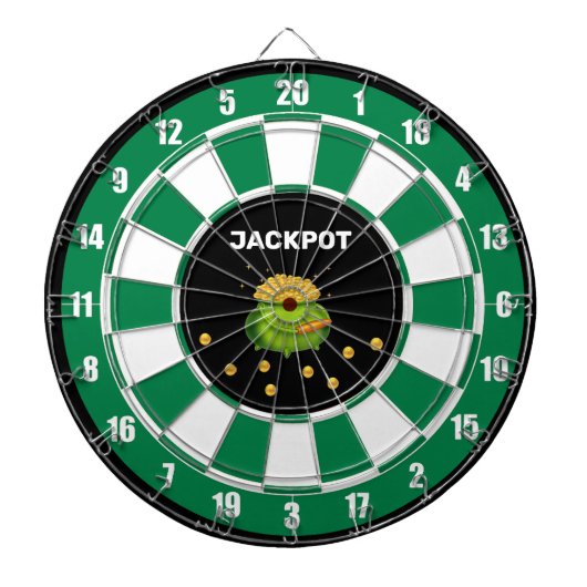 Pot met goud en tekst op zwart groen wit dartbord (Voorkant)