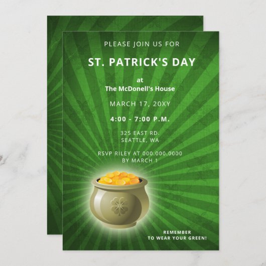 Pot of Gold St Patricks Day party Invitation Kaart (Voorkant / Achterkant)