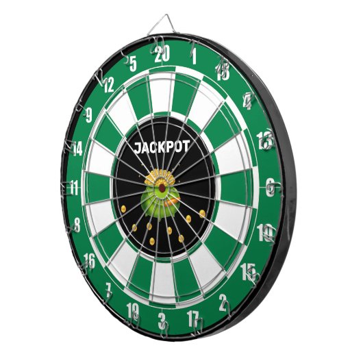 Pot van goud en tekst op zwart groen wit dartbord (Voorkant Rechts)