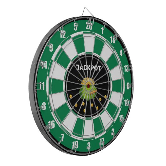 Pot van goud en tekst op zwart groen wit dartbord (Voorkant Links)