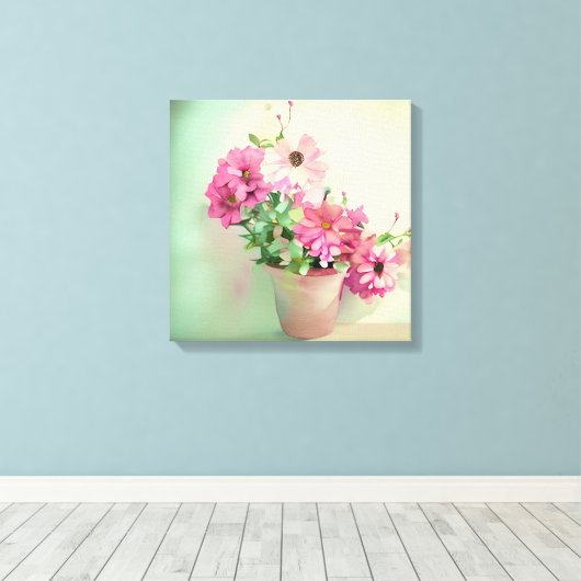 Pot van Roze Waterverf Bloemen Canvas Afdruk (Insitu (Houten vloer))