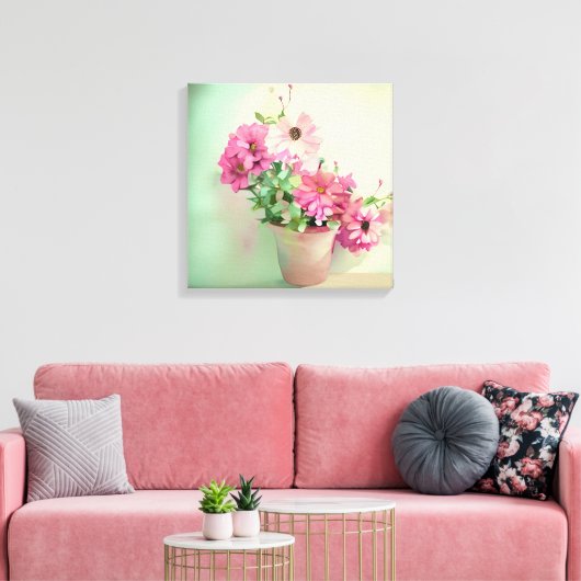 Pot van Roze Waterverf Bloemen Canvas Afdruk (Insitu (Woonkamer))