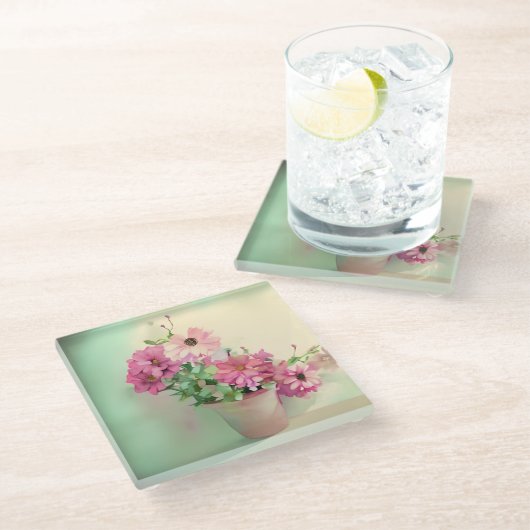 Pot van Roze Waterverf Bloemen Glazen Onderzetter (Schuin)