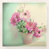 Pot van Roze Waterverf Bloemen Glazen Onderzetter (Voorkant)