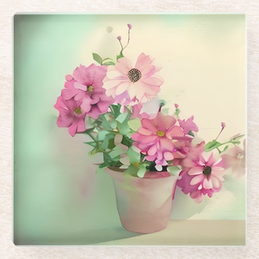 Pot van Roze Waterverf Bloemen Glazen Onderzetter (Voorkant)