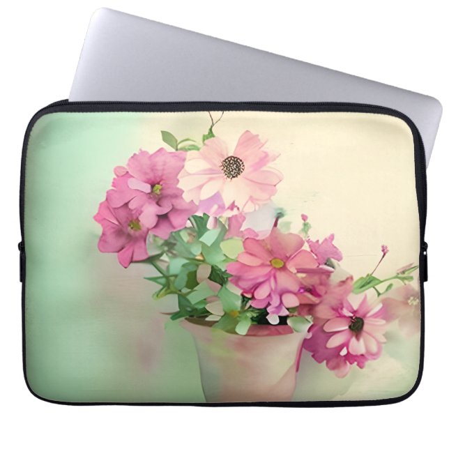 Pot van Roze Waterverf Bloemen Laptop Sleeve (Voorkant)