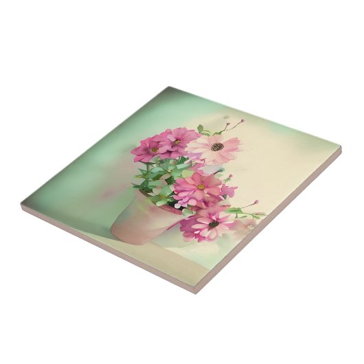 Pot van Roze Waterverf Bloemen Tegeltje (Zijkant)