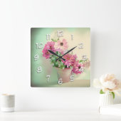 Pot van Roze Waterverf Bloemen Vierkante Klok (Huis)