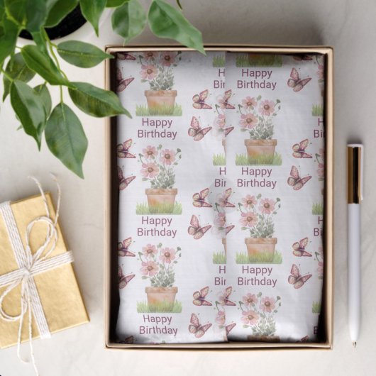 Potbloemen en vlinders Waterverf Verjaardag Tissuepapier