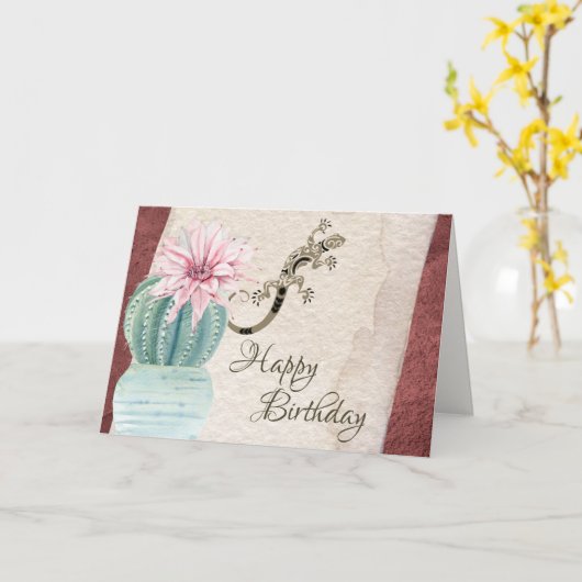 Potcactus en hagedis zuidwestelijke verjaardag kaart (Gele Bloem)