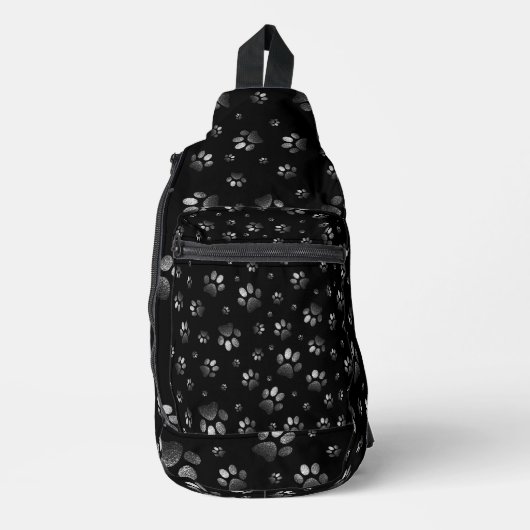 Poten print sprankelend zwart zilver glitter, sling bag (Voorkant)