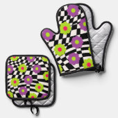 Potholder en Oven Mitt Met Checkers en Bloemen Ovenwant & Pannenlap Set (Voorkant / Achterkant)