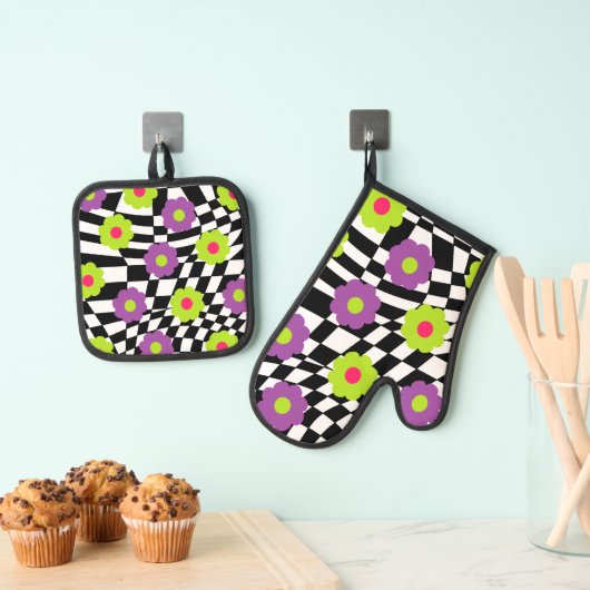 Potholder en Oven Mitt Met Checkers en Bloemen Ovenwant & Pannenlap Set (Insitu(Ophanging))