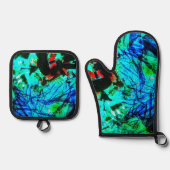 Pothouder en ovenhandschoen blauw abstract ovenwant & pannenlap set (Voorkant)
