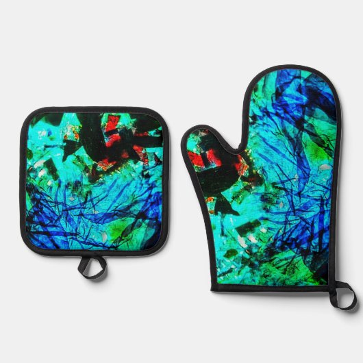 Pothouder en ovenhandschoen blauw abstract ovenwant & pannenlap set (Voorkant)