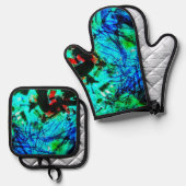 Pothouder en ovenhandschoen blauw abstract ovenwant & pannenlap set (Voorkant / Achterkant)