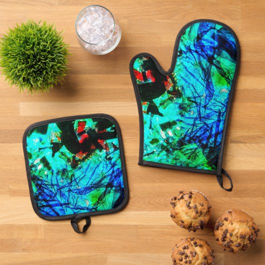 Pothouder en ovenhandschoen blauw abstract ovenwant & pannenlap set (Top down)