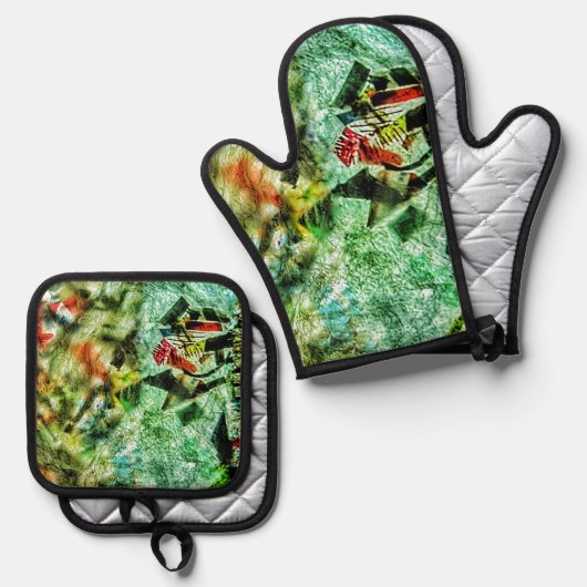 Pothouder en ovenhandschoen wit abstract ovenwant & pannenlap set (Voorkant / Achterkant)