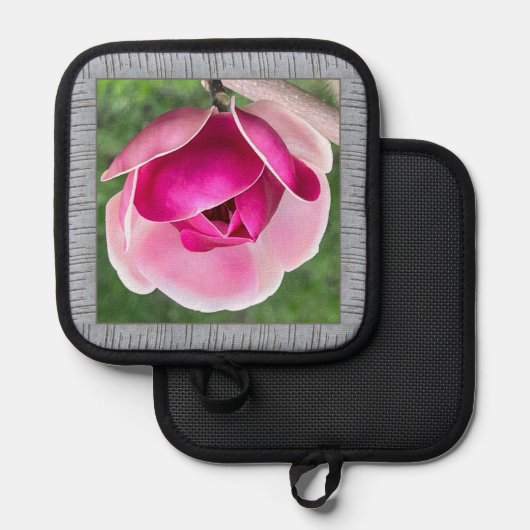 Pothouder met mooie roze Magnolia Pannenlap (Voorkant / Achterkant)