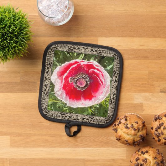 Pothouder met rode en witte klaproos pannenlap (Top down)