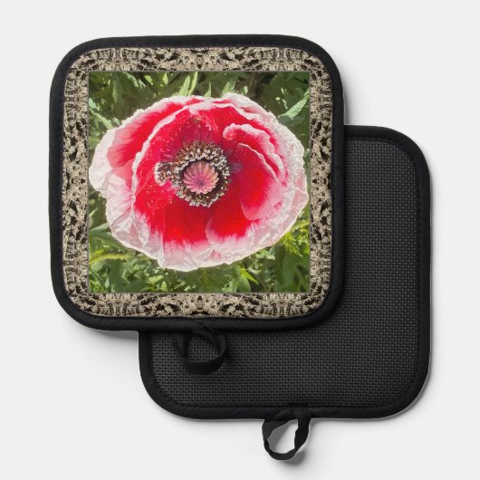 Pothouder met rode en witte klaproos pannenlap (Voorkant / Achterkant)