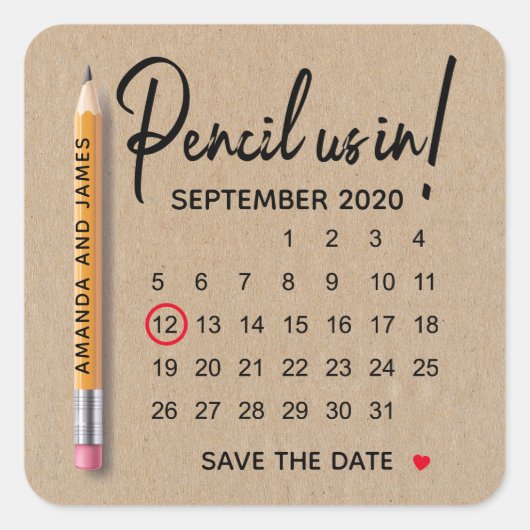 Potlood Agenda Karton Save The Date Vierkante Sticker (Voorkant)