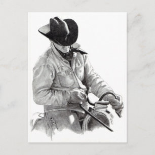 Potlood Drawing of Cowboy in Saddle, Westerne kuns Briefkaart