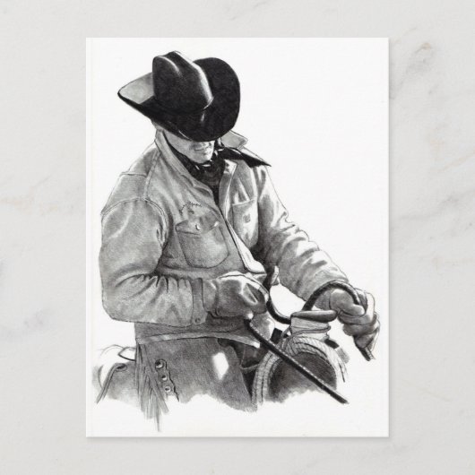 Potlood Drawing of Cowboy in Saddle, Westerne kuns Briefkaart (Voorkant)