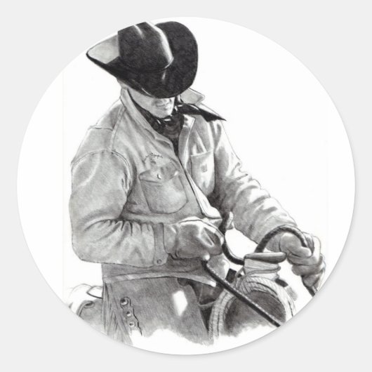 Potlood Drawing of Cowboy in Saddle, Westerne kuns Ronde Sticker (Voorkant)