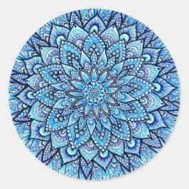 Potlood Handgetekend Mandala-ontwerp in Blauwe Kle Ronde Sticker