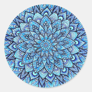 Potlood Handgetekend Mandala-ontwerp in Blauwe Kle Ronde Sticker
