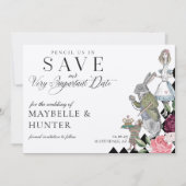 potlood in Alice in het witland checkboard Save The Date (Voorkant)