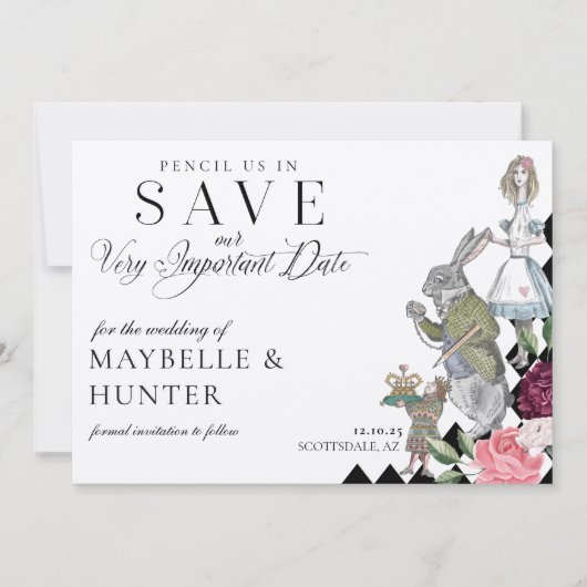 potlood in Alice in het witland checkboard Save The Date (Voorkant)