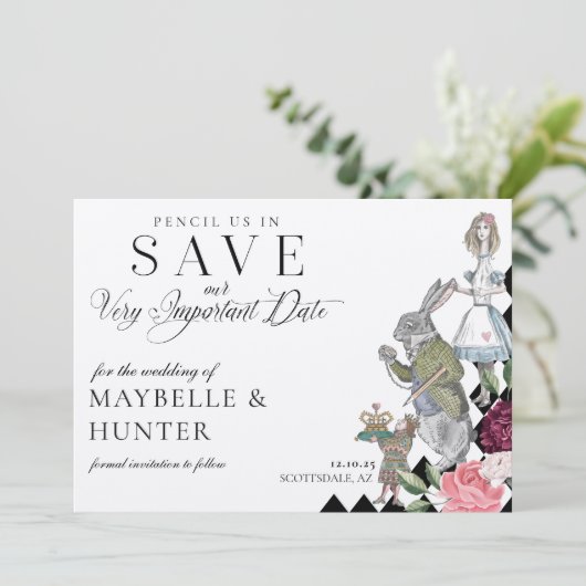 potlood in Alice in het witland checkboard Save The Date (Staand voorkant)