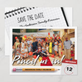 Potlood in unieke familiereserve foto save the date (Voorkant / Achterkant)