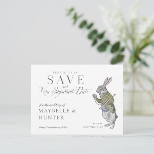 Potlood Ons In  Alice In Wonderland Konijn Aankondigingskaart (Staand voorkant)