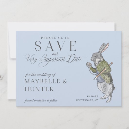 Potlood ons in  Alice in Wonderland Rabbit SA Save The Date (Voorkant)