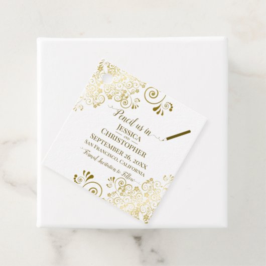 Potlood Ons In Bruiloft Bewaar de Datum Goud & Wit Bedankjes Labels (In situ)