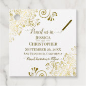 Potlood Ons In Bruiloft Bewaar de Datum Goud & Wit Bedankjes Labels (Voorkant)