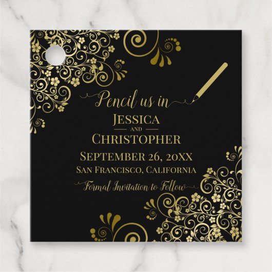 Potlood Ons In Bruiloft Bewaar de Datum Goud & Zwa Bedankjes Labels (Voorkant)