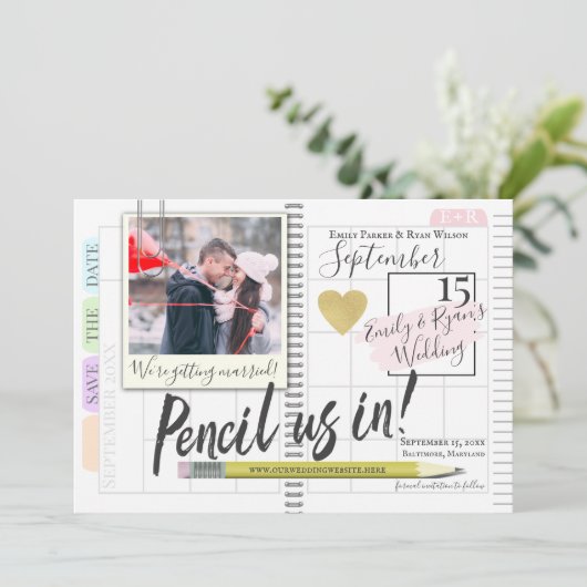 Potlood ons in Bullet Journal Kalender Foto Save The Date (Staand voorkant)