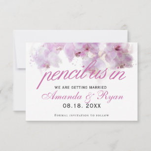 Potlood ons in Roze Orchidee Watercolor Trouwtag Save The Date