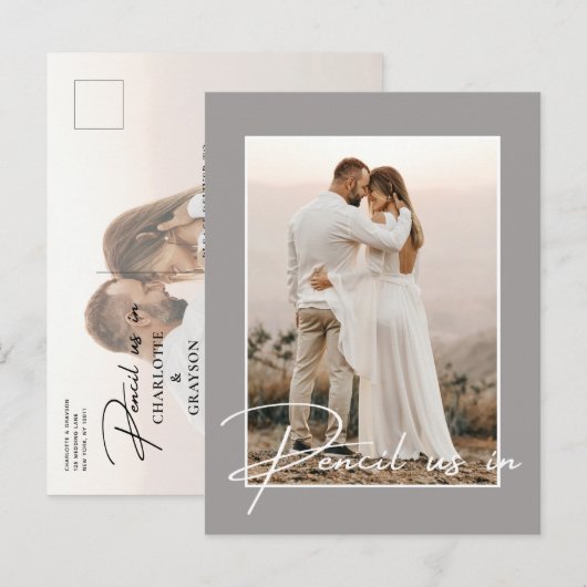 Potlood ons in Save The Date Photo Wedding Aankondigingskaart (Voorkant / Achterkant)