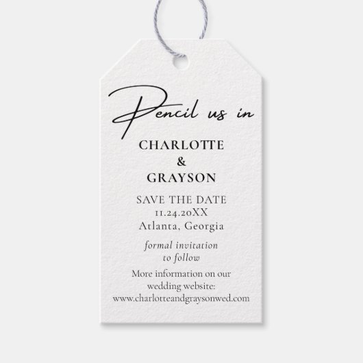 Potlood ons in Save The Date Zwart Wit Bruiloft Cadeaulabel (Voorkant)