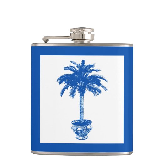 Potlood palmboom - kobalt blauw en wit heupfles (Voorkant)