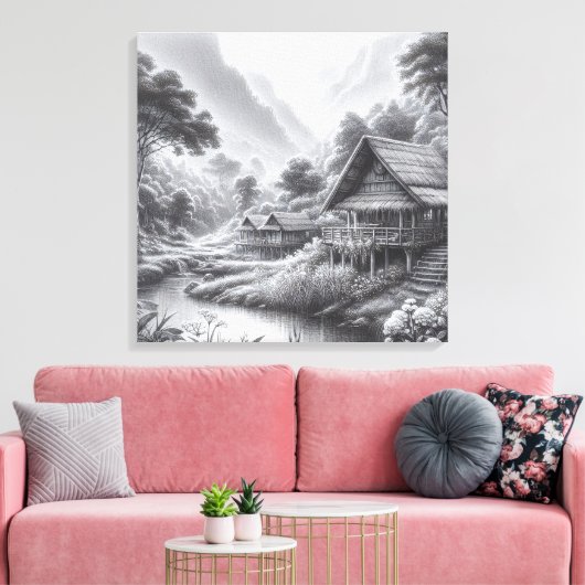 Potlood Schets van een gezellige hut door een stro Canvas Afdruk (Insitu (Woonkamer))