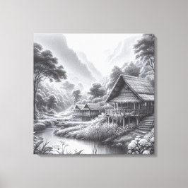 Potlood Schets van een gezellige hut door een stro Canvas Afdruk