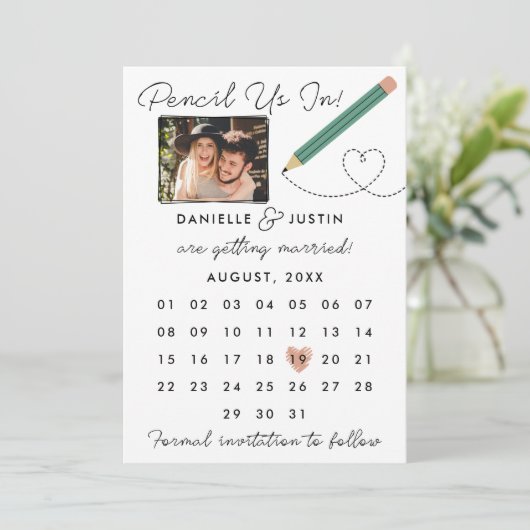 "Potlood us in" Moderne kalender Save The Date (Staand voorkant)