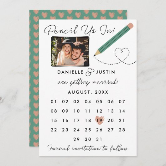 "Potlood us in" Moderne kalender Save The Date (Voorkant / Achterkant)