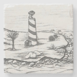 Potloodschets Vuurtoren op eiland in de zee Stenen Onderzetter